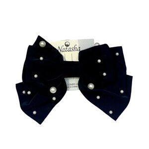 Natasha Black Satin‎ Hair Bow with Pearls Clip